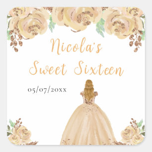 Pegatina Cuadrada Princesa de Cabello Rubio Peach Floral Sweet Sixte