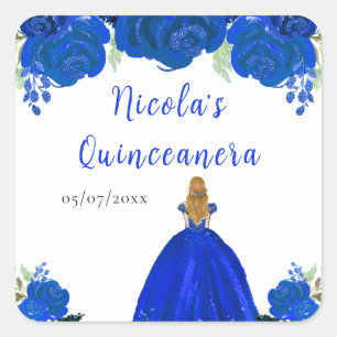 Pegatina Cuadrada Princesa de Cabello Rubio Quinceañera Floral Azul