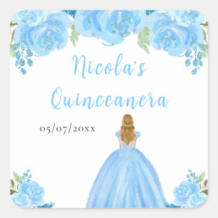 Pegatina Cuadrada Princesa de Cabello Rubio Quinceañera Floral Azul