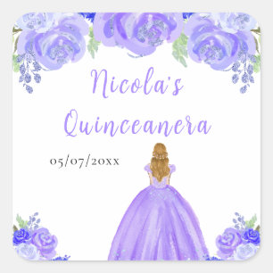 Pegatina Cuadrada Princesa de Cabello Rubio Quinceañera Floral Púrpu