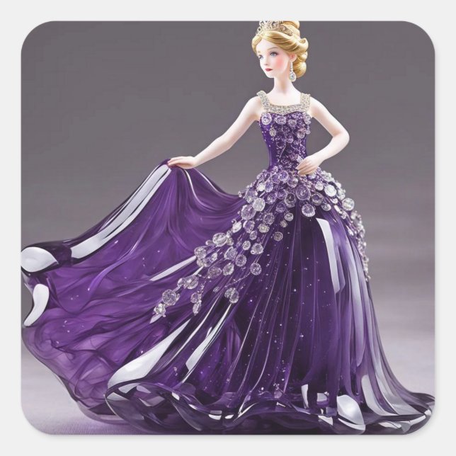 Pegatina Cuadrada Princesa de cristal con vestido púrpura (Anverso)