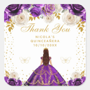 Pegatina Cuadrada Princesa de Floral Púrpura Quinceañera