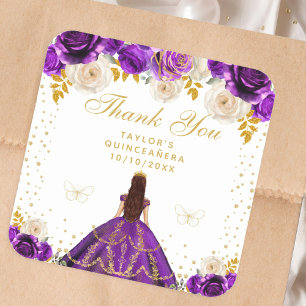 Pegatina Cuadrada Princesa de Floral Púrpura Quinceañera