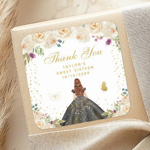 Pegatina Cuadrada Princesa de pelo marrón floral crema dulce diecisé