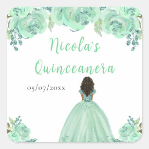 Pegatina Cuadrada Princesa de Piel Oscura Floral Menta Quinceañera