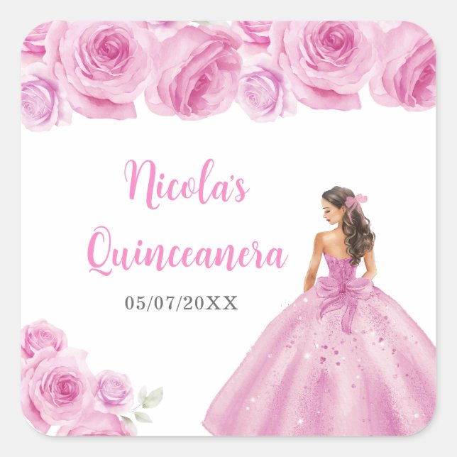 Pegatina Cuadrada Princesa floral con traje rosa claro Quinceanera (Anverso)