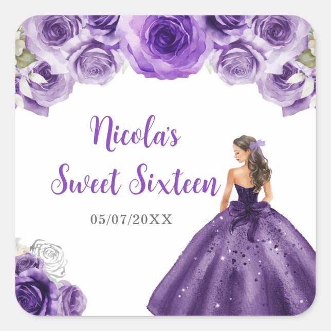 Pegatina Cuadrada Princesa floral con vestido morado 16 (Anverso)