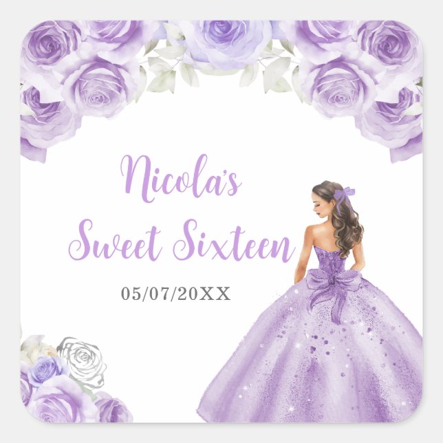Pegatina Cuadrada Princesa floral con vestido morado 16 (Anverso)