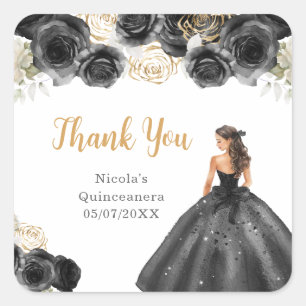 Pegatina Cuadrada Princesa Floral con Vestido Negro Quinceañera