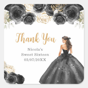 Pegatina Cuadrada Princesa floral con vestido negro Sweet Sixteen