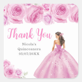 Pegatina Cuadrada Princesa floral con vestido rosa claro Quinceanera