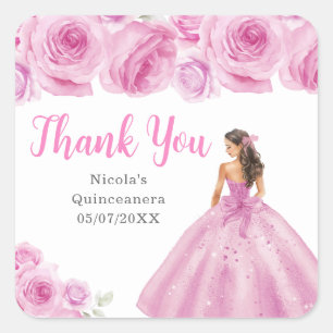 Pegatina Cuadrada Princesa floral con vestido rosa claro Quinceanera
