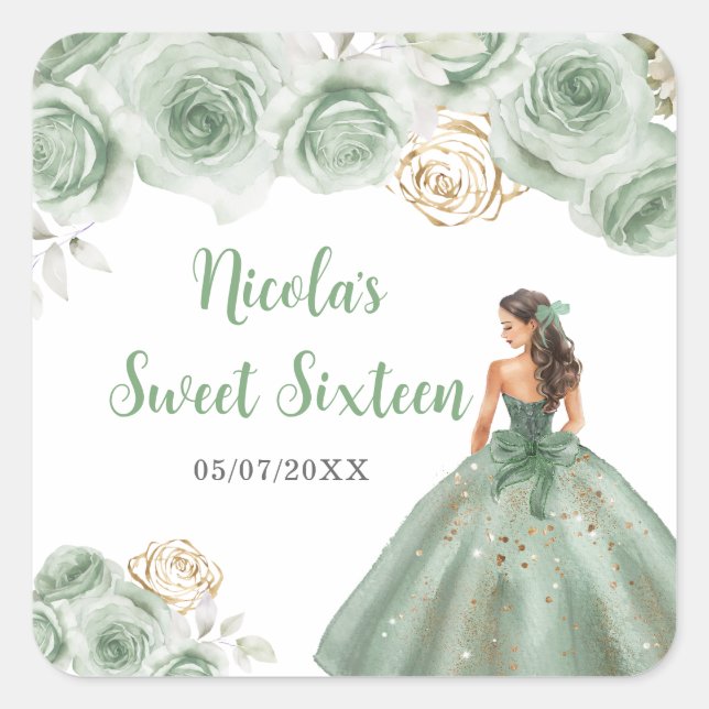 Pegatina Cuadrada Princesa floral con vestido verde sabio Dieciséis (Anverso)