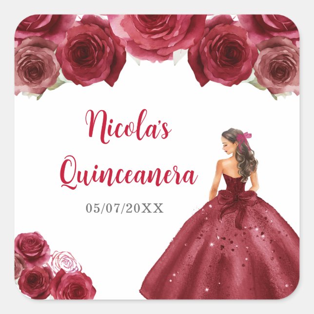 Pegatina Cuadrada Princesa floral con vestimenta roja Quinceanera (Anverso)