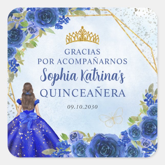 Pegatina Cuadrada Princesa Floral de Oro Azul Marina Tiara Gracias (Anverso)