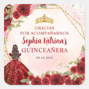 Pegatina Cuadrada Princesa Floral de Oro Rojo Borgoña Tiara Gracias