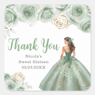 Pegatina Cuadrada Princesa floral en un vestido verde Sweet Sixteen