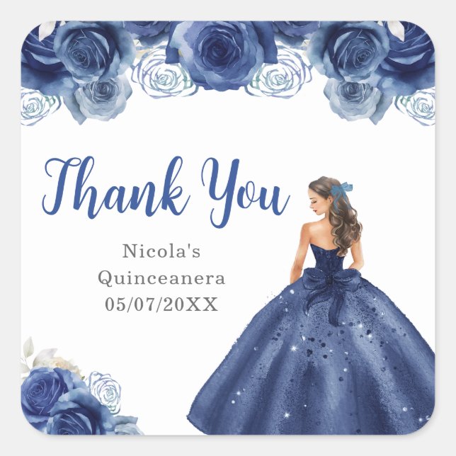 Pegatina Cuadrada Princesa floral en vestido azul marino Quinceanera (Anverso)