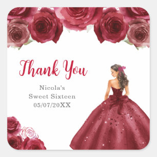 Pegatina Cuadrada Princesa floral en vestido rojo Sweet Sixteen