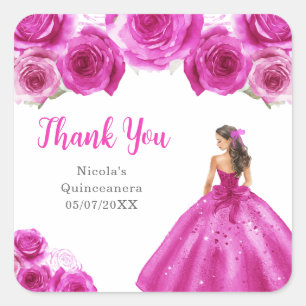 Pegatina Cuadrada Princesa floral en vestido rosa caliente Quinceañe