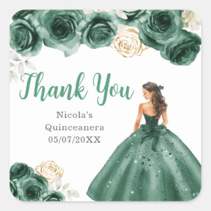Pegatina Cuadrada Princesa Floral en Vestido Verde Oscuro Quinceañer