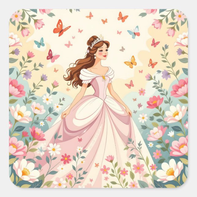 Pegatina Cuadrada Princesa linda con mariposas (Anverso)