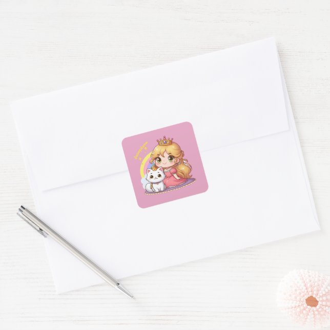 Pegatina Cuadrada Princesa linda personalizable con gato blanco (Sobre)