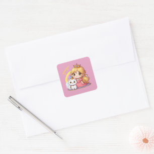 Pegatina Cuadrada Princesa linda personalizable con gato blanco