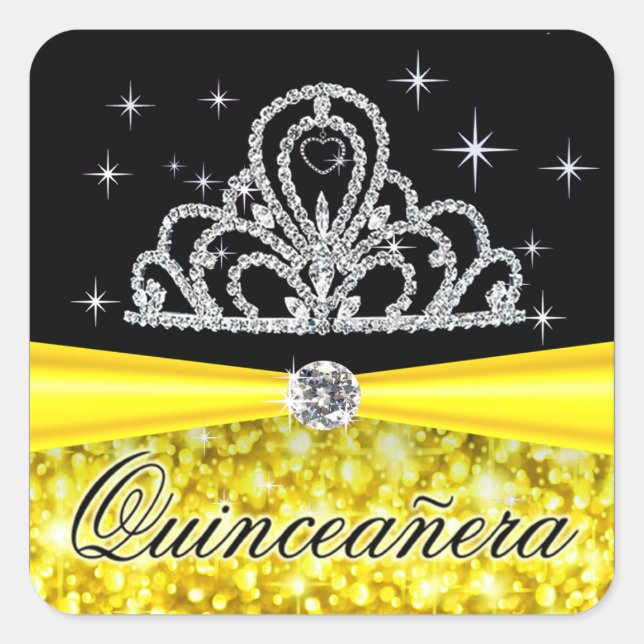 Pegatina Cuadrada Princesa negra amarilla Tiara Quinceanera Bling (Anverso)