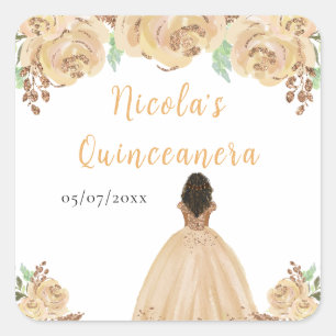 Pegatina Cuadrada Princesa Peach de piel oscura Quinceañera floral