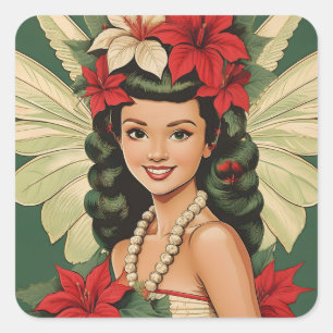 Pegatina Cuadrada Princesa Retro de Navidad Tropical de los 50