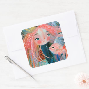 Pegatina Cuadrada Princesa Sirena Con Amigo Pez Rosado