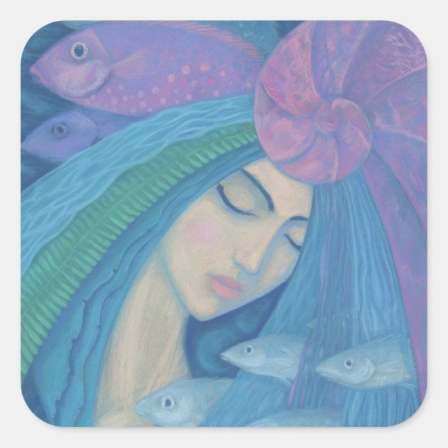 Pegatina Cuadrada Princesa Sirena, fantasía submarina, azul rosado (Anverso)