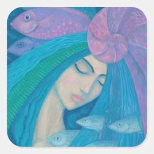 Pegatina Cuadrada Princesa Sirena, fantasía submarina, azul rosado