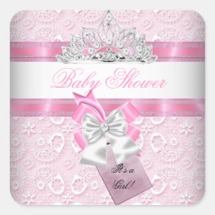 Pegatina Cuadrada Princesa Tiara del rosa del chica de Baby Shower