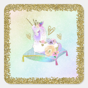 Pegatina Cuadrada Princesa Unicornio Arcoíris Pastel Fiesta Iridesce