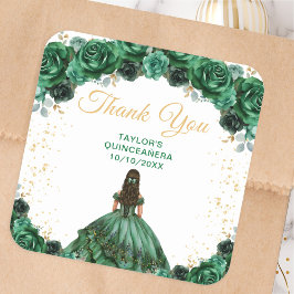 Pegatina Cuadrada Princesa Verde Oscura Quinceañera Gracias