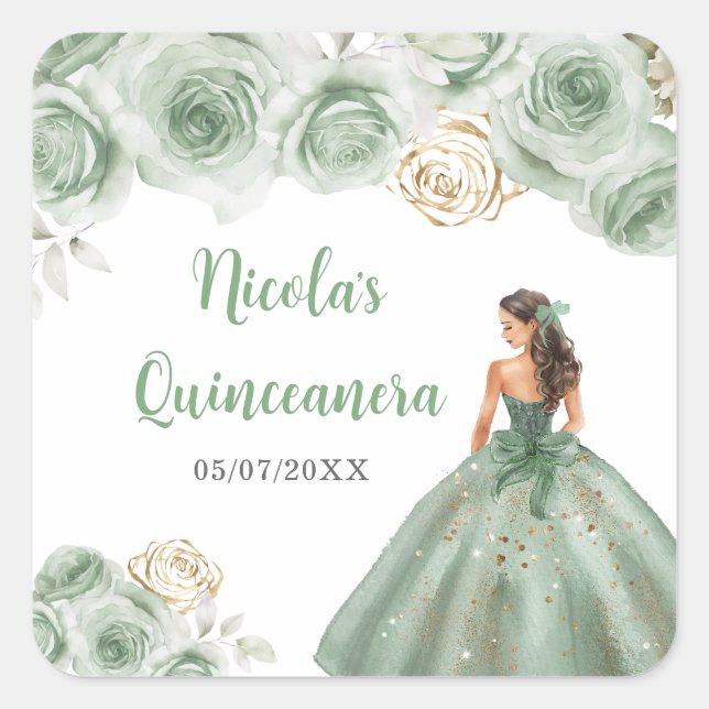 Pegatina Cuadrada Princesas florales vestidas con verde sabio Quince (Anverso)