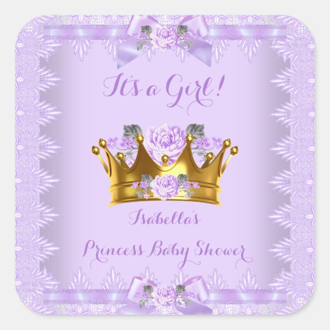Pegatina Cuadrada Princess Baby Shower Purple Rosa Lavender Lace (Anverso)