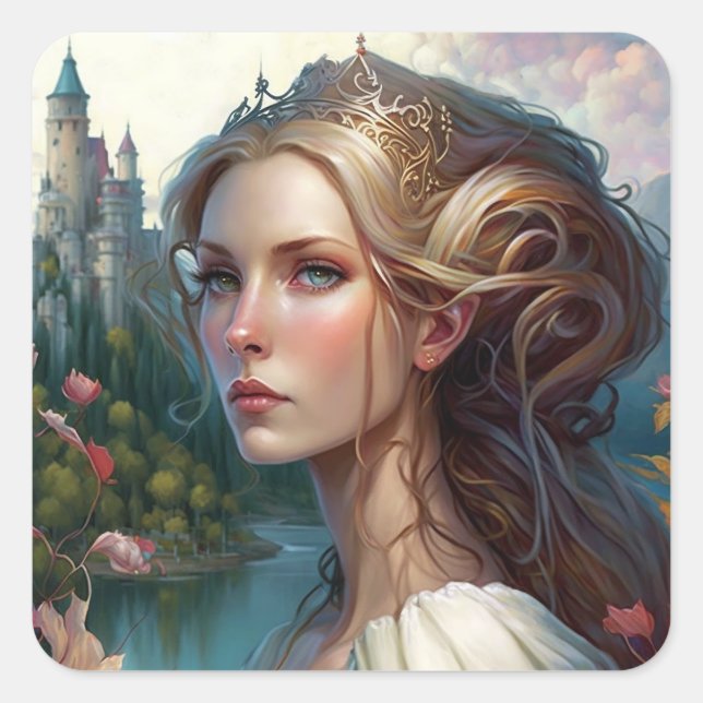Pegatina Cuadrada Princess Castle Fantasy Art (Anverso)