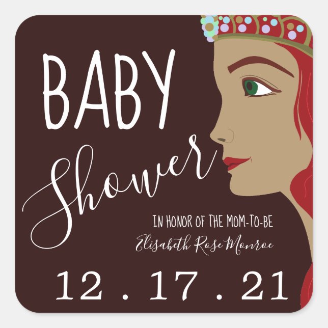 Pegatina Cuadrada Princess Red Baby Shower Guardar la fecha (Anverso)