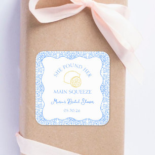 Pegatina Cuadrada Principal Squeeze Bridal Shower Lemon Blue Favor