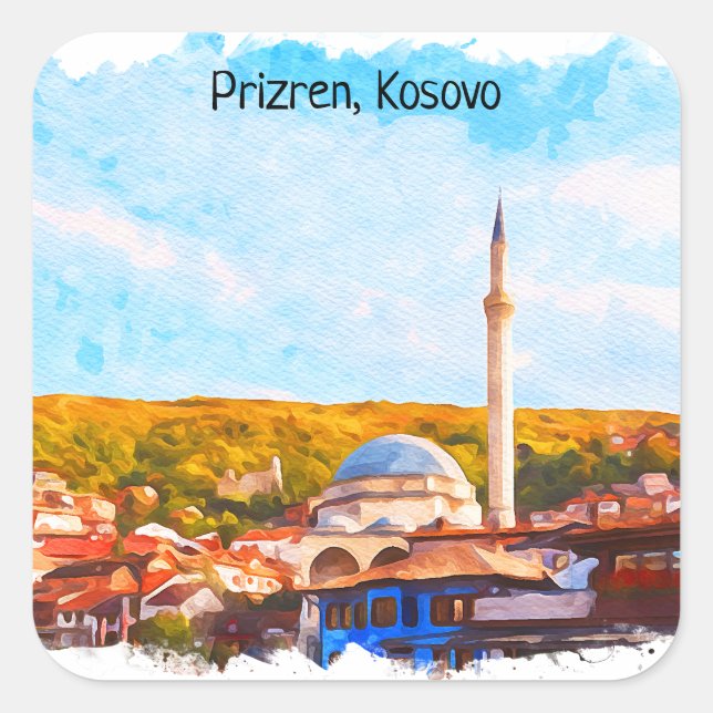 Pegatina Cuadrada Prizren Kosovo sinan pasha mezquita (Anverso)
