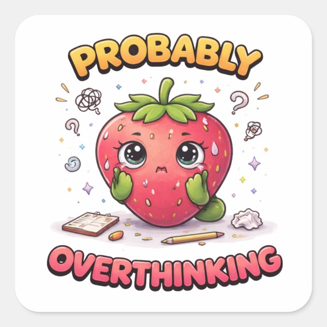 Pegatina Cuadrada Probably Overthinking Strawberry Sticker (Anverso)