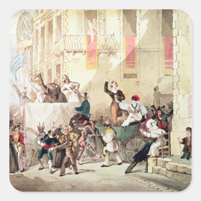 Pegatina Cuadrada Procesión de circo en Italia, 1830 (Anverso)