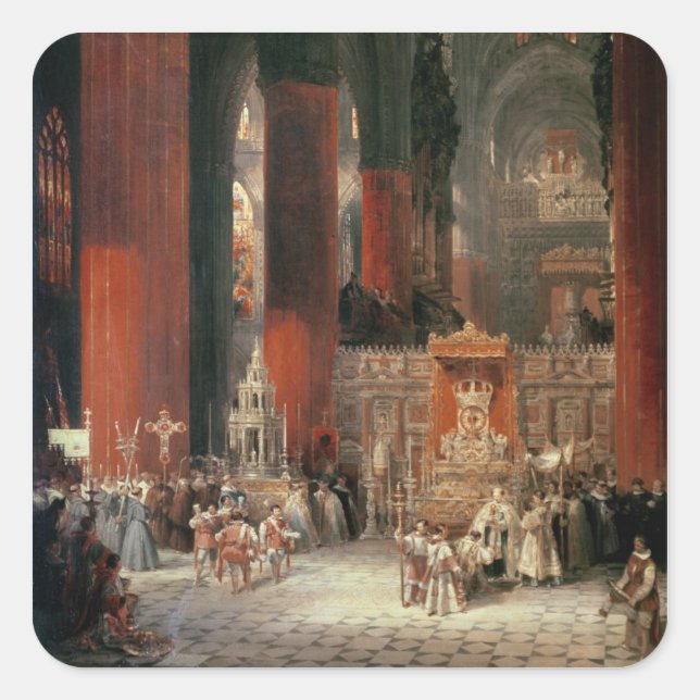 Pegatina Cuadrada Procesión en la Catedral de Sevilla, 1833 (aceite  (Anverso)