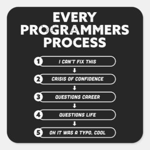 Pegatina Cuadrada Proceso de cada programador - Gracioso regalo