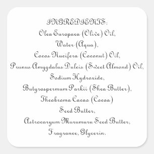 Pegatina Cuadrada Producto de lista de ingredientes para cuidado de