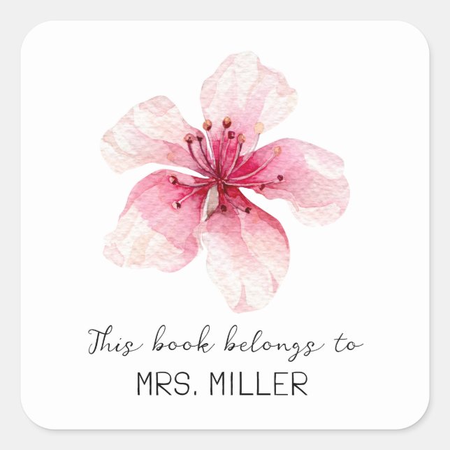 Pegatina Cuadrada Profesor de Cerezo en Flor Este Libro Pertenece A (Anverso)
