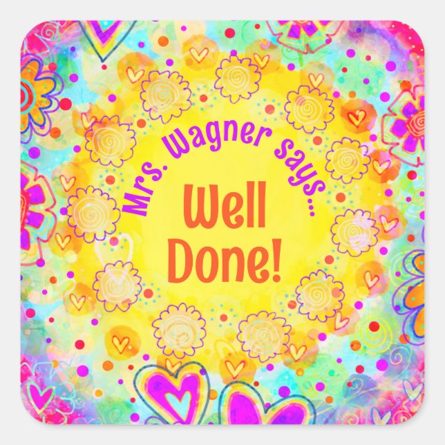 Pegatina Cuadrada Profesor motivador floral amarillo personalizado (Anverso)